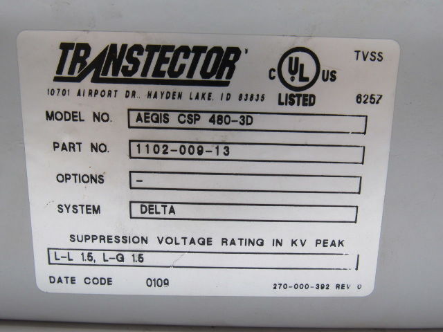 AGEIS 1102-009-13 AEGIS CSP 480-3D Series CSP Surge Suppressor 480V 1.5KV Peek