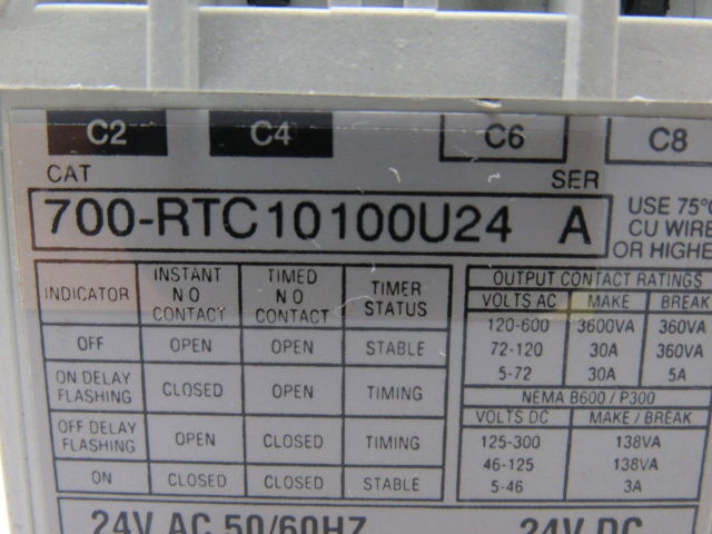 A-B Allen Bradley 700-RTC10100U24 Series A Adjustable Relay Time 24vdc