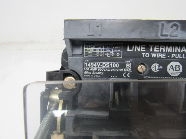 Allen Bradley 1494V-DS100 Ser B Disconnect Switch 100A 600V Non-Fused Left Hand