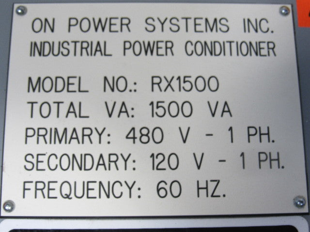 On Power Systems RX1500 1500 VA Power Conditioner 480V Primary-120V Sec. 60 Hz.