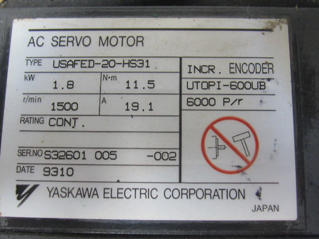 Yaskawa USAFED-20-HS31 1.8Kw AC Servo Motor CNC 1500 RPM 1-3/8" Shaft Encoder