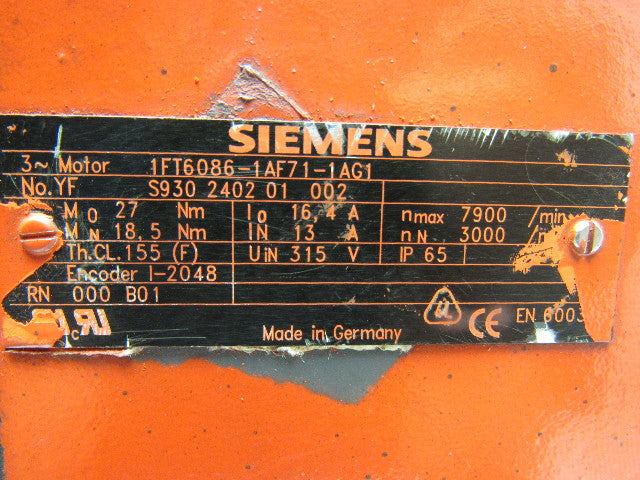 Siemens 1FT60861AF711AG1 YF 3Phase 7900n Max/Min 32mm Shaft AC Servo Motor 600V