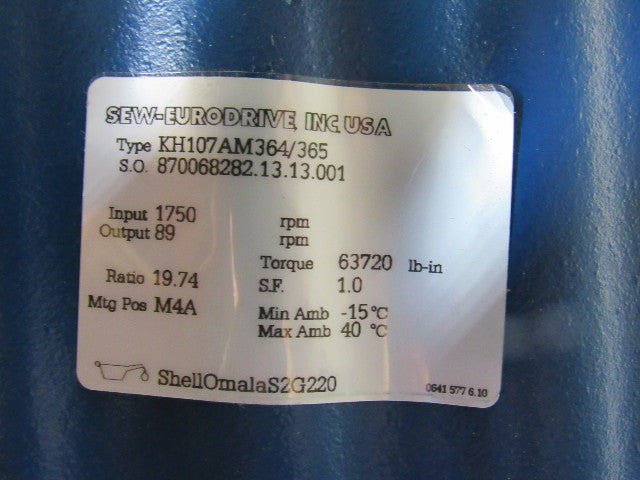 Sew Eurodrive KH107AM364/365 19.74:1 89 RPM Output 95mm Shaft RH Gear Reducer