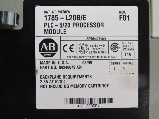 Allen Bradley 96246675 A01 1785-L20B/E Rev F01 Processer Module PLC 5/20