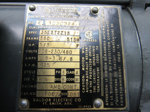Baldor 35E372Z15 1/3Hp 1725RPM 208-230/460V Hazardous Location Motor