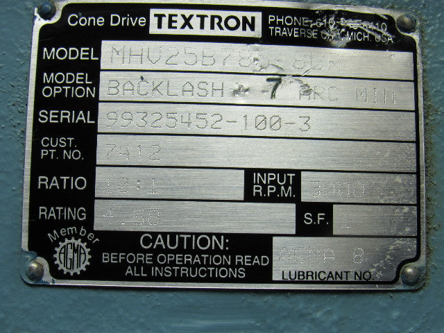 Textron HHV25B785M-8BR Gear Box Speed Reducer 10:1 Ratio 7 ARC Backlash Min