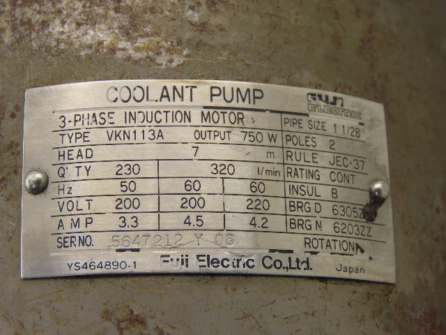 Fuji VKN113A .75kW 3Ph 200/220V 50/60Hz 7m/Head 320l/Min Coolant Pump