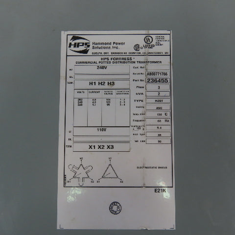 Hammond 236455 3 Phase 2 kVA Transformer 252/240/228HV 110LV
