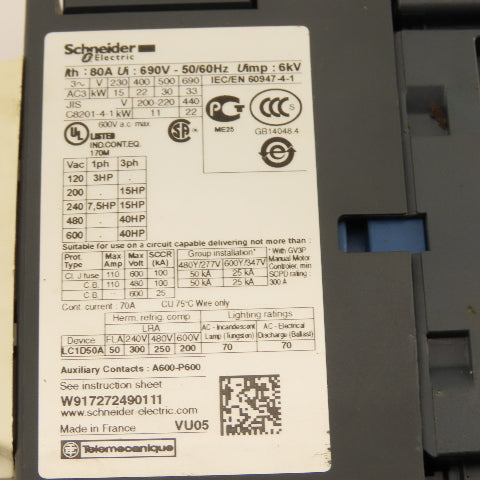 Schneider LC1D50A6 600V 40Hp 3Ph Contactor 120 Coil