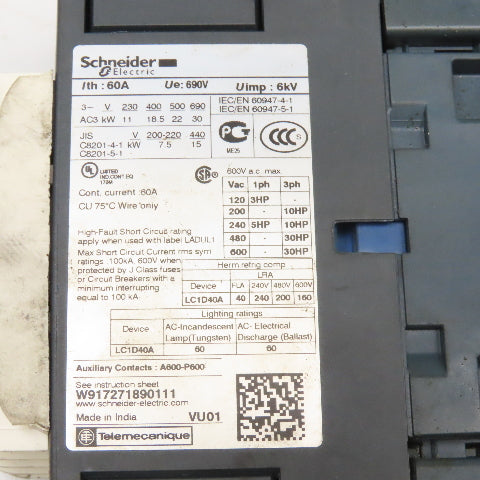 Telemecanique LC1D40A 600V 3Ph 30Hp MAX Contactor 110V Coil