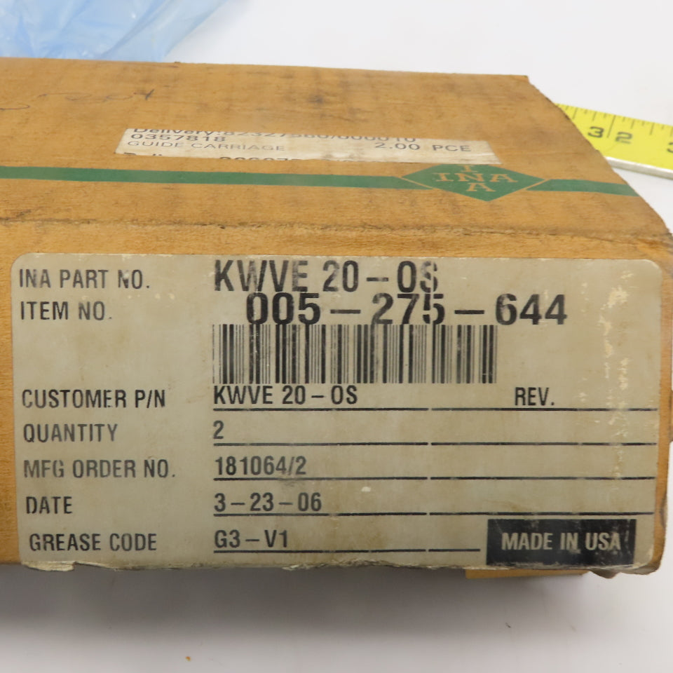 INA KWVE-20-0S Linear Guide Rail Caged Ball Bearing Lot of 2