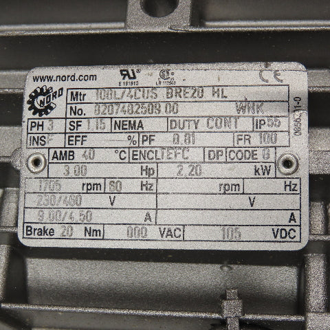 Nord 90121AZSH-IEC100-100 41.65:1 Ratio 41RPM Brake Gear Motor 3Hp 230/460V