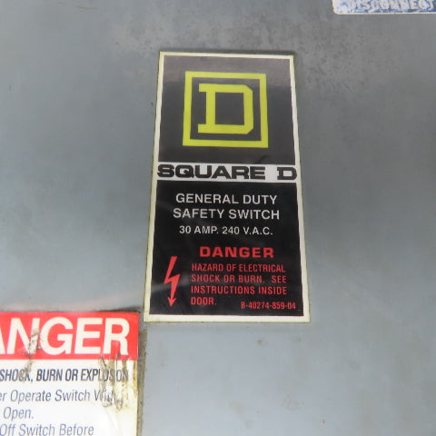 Square D D321N Ser E2 30A 240V 3 Pole Fusible Safety Disconnect Switch