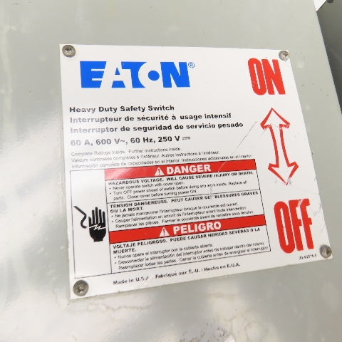 Eaton DH362FDK 60A 600VAC 250VDC 3 Pole Fused Safety Disconnect Switch
