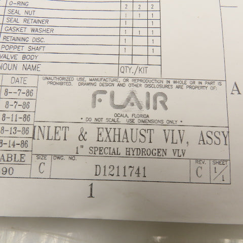 Flair 1211849 Valve Repair Kit 1" Hydrogen Service