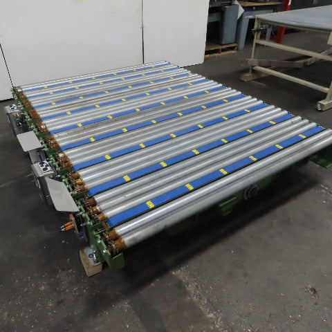 Variable Speed Powered Roller Belt Lift 90° Transfer Conveyor 69"BF x 95"L 33FPM