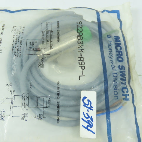Honeywell 922AB3XM-A9P-L Micro Switch Threaded Barrel Proximity Sensor New