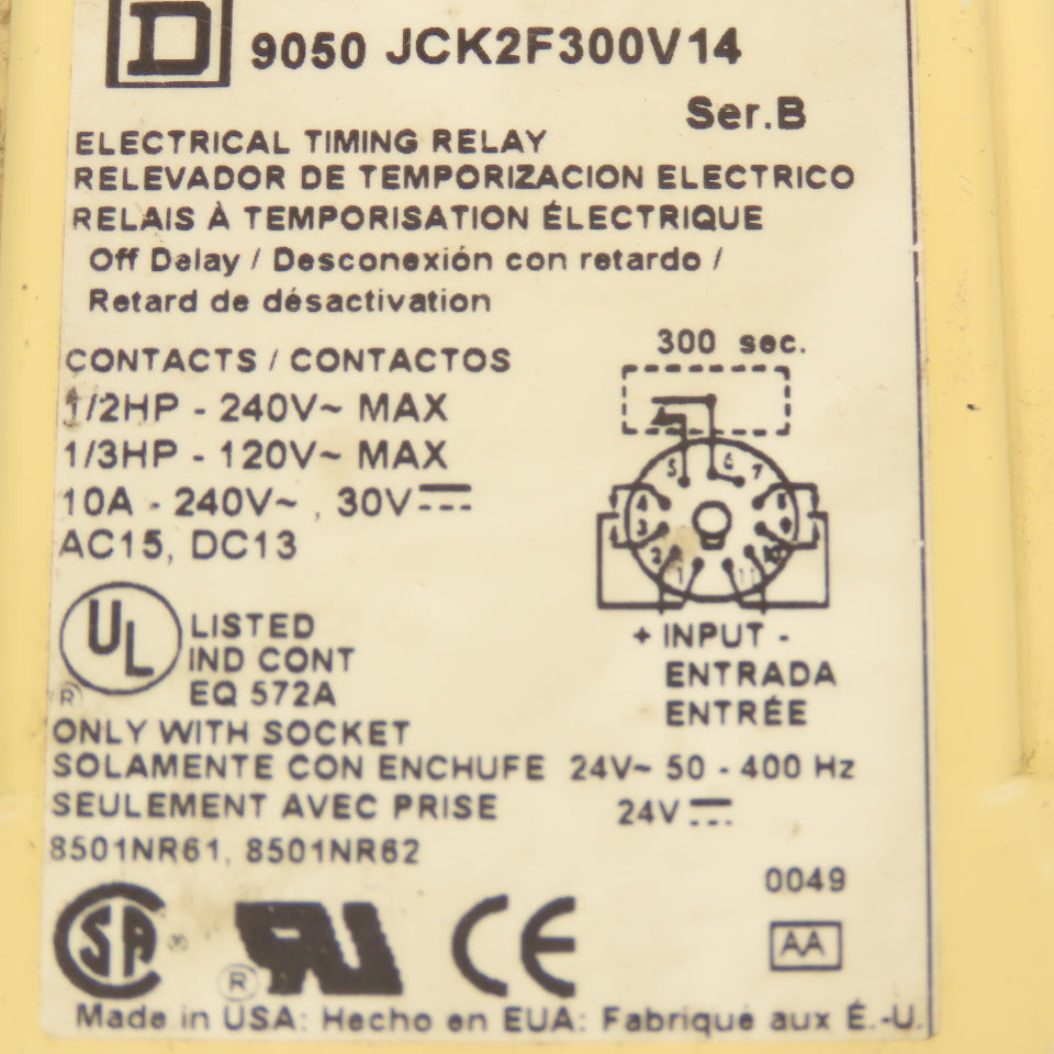 Square D 9050 JCK2F300V14 Electrical Timing Relay 300s Off Delay 240V Max