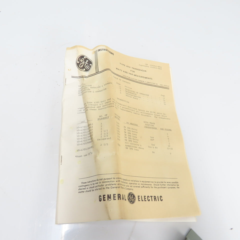 General Electric 50-4701-22AWAA1 AC Watts To DC Transducer 120V 5A 500W 4400OHMS