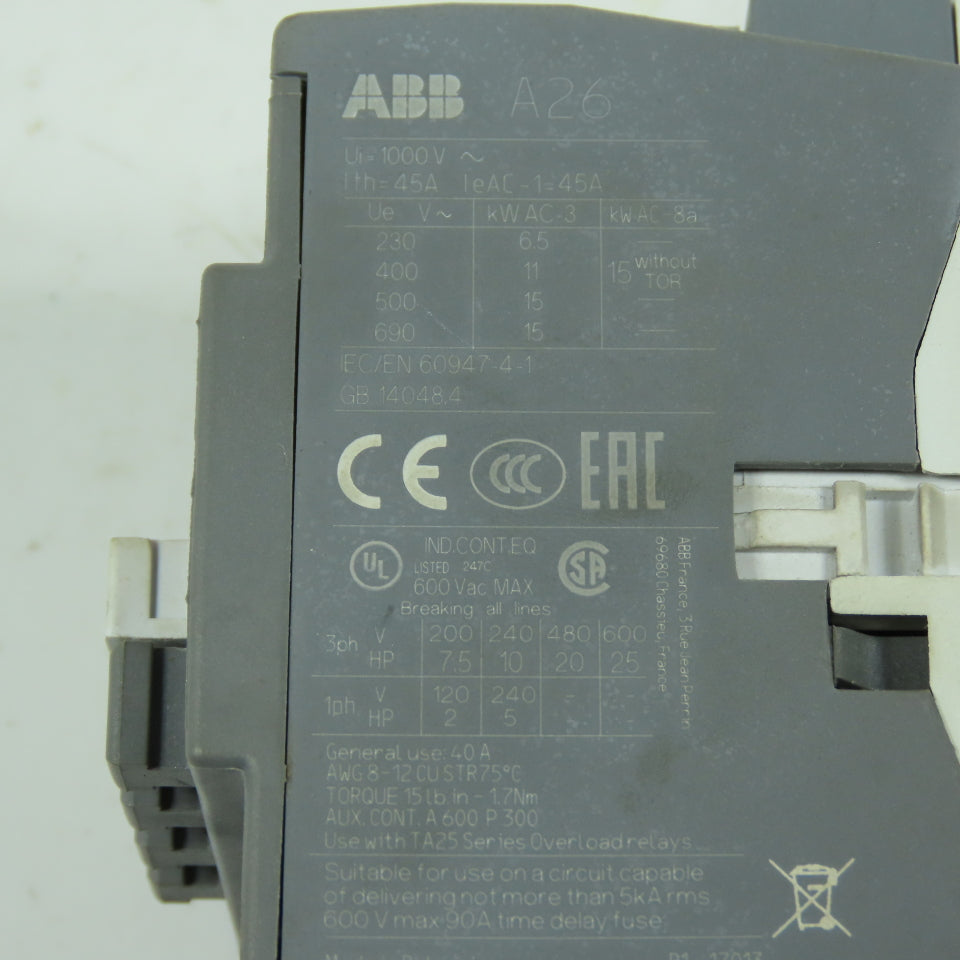 ABB A26-30-10 45A 4-Pole Contactor 110-120V Coil