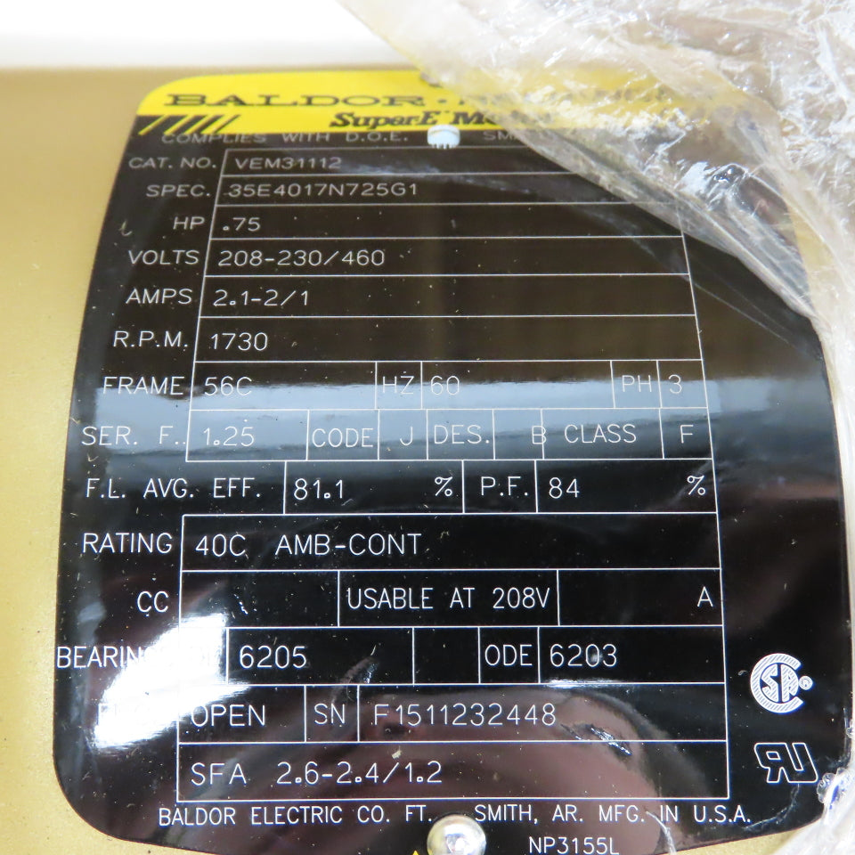 Baldor Reliance VEM31112 3/4HP AC Electric Motor 1730RPM 230/460V 3Ph 56C Fr New