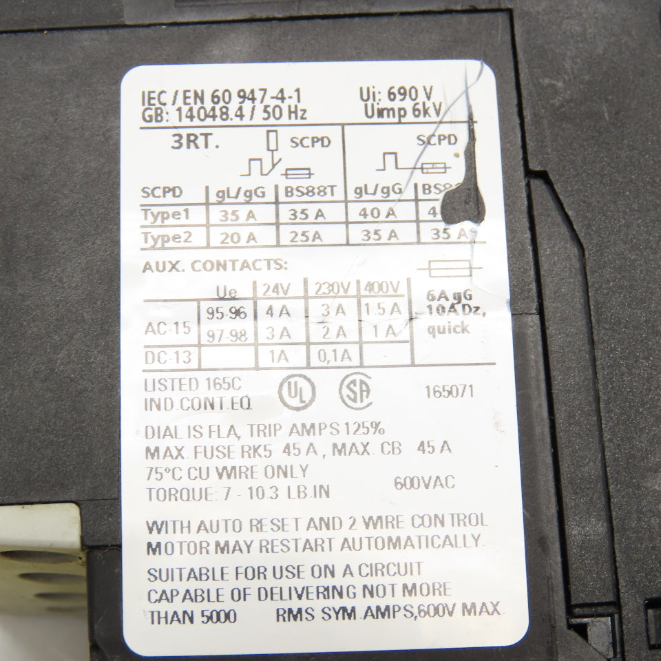 Siemens 3RU1116-1KB1 600VAC Overload Relay 9-12A Trip