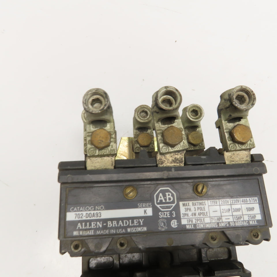 Allen Bradley 702-DOA93 Size 3 Contactor Starter 600V 50Hp 220/240V Coil
