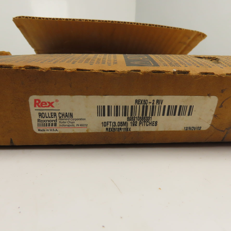 Rexnord REX502R10BX REX50-2 RIV Rex 50-2 Double Strand Roller Chain 10' Long NEW