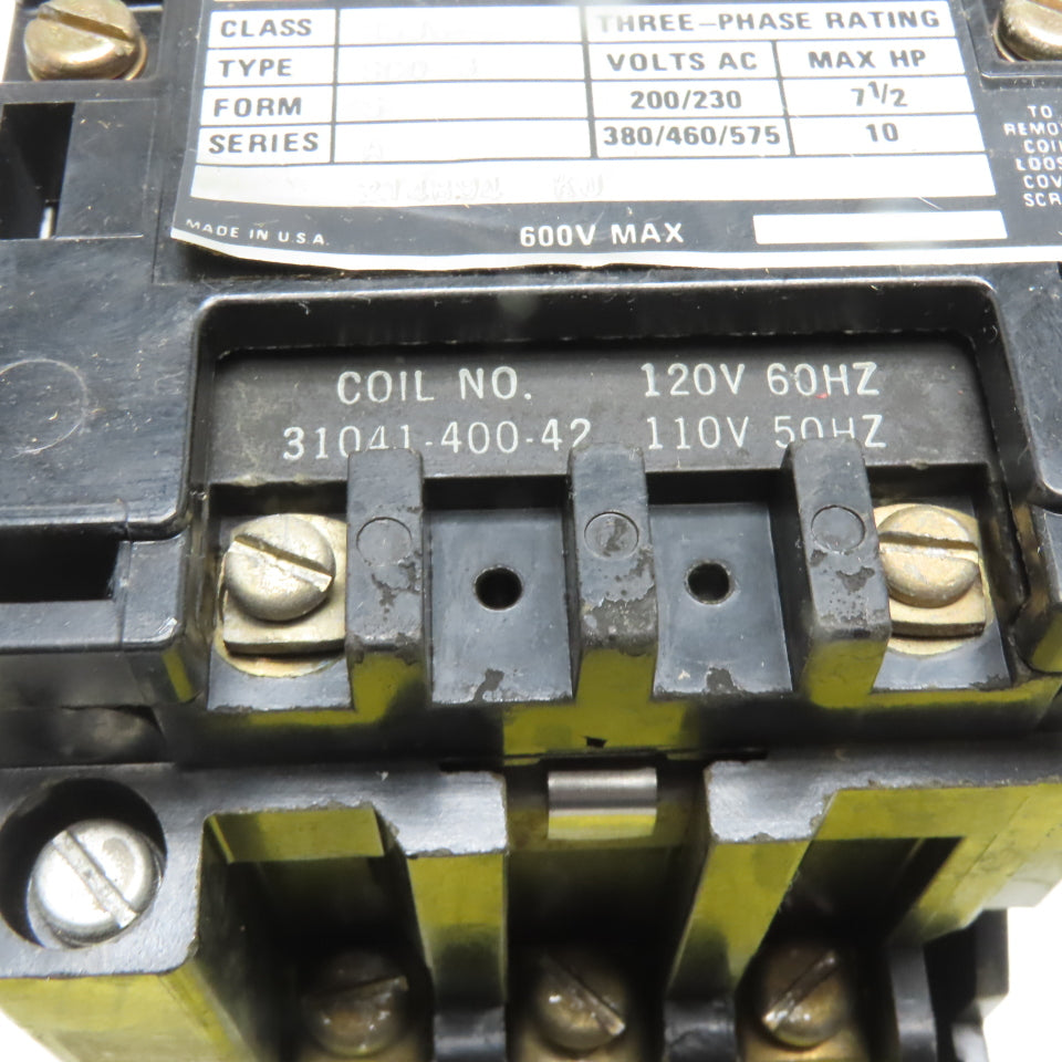 Square D 8536 SCO 3 NEMA Size 1 Magnetic Motor Starter 600V Max 110/120V Coil