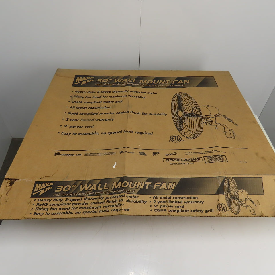 Maxx Air FB-75B HVWM 30 OSC 30" Oscillating Wall Mount Fan 120V 200W NEW