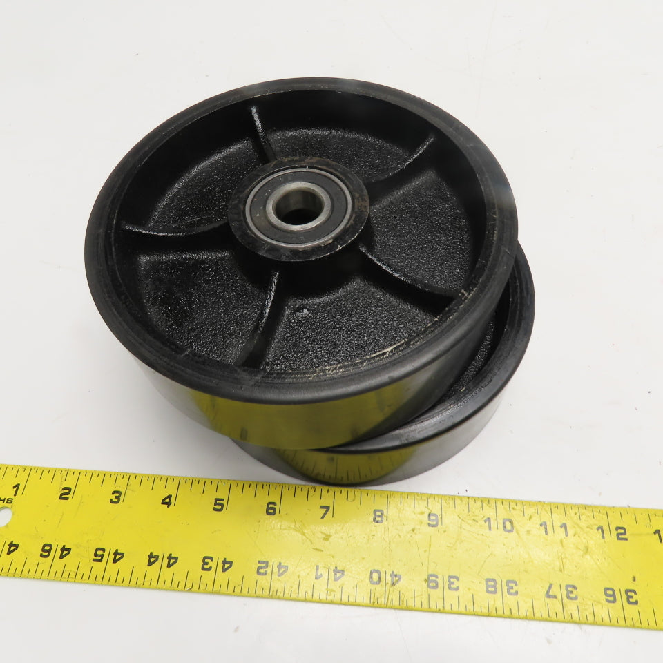 180mm x 50mm Black Polyurethane Over Cast Iron Caster Wheel 20mm Bore Lot Of 2
