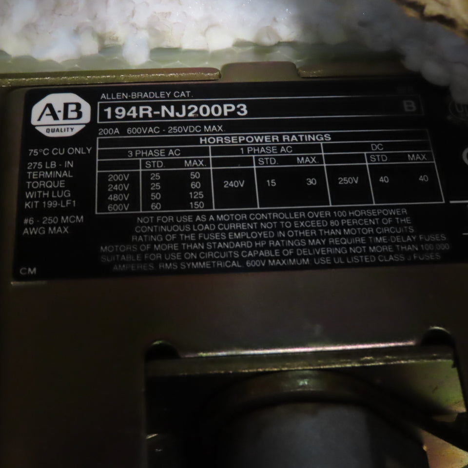 Allen-Bradley 194R-NJ200P3 200A 3-Pole Fusible Safety Disconnect Switch 600VAC