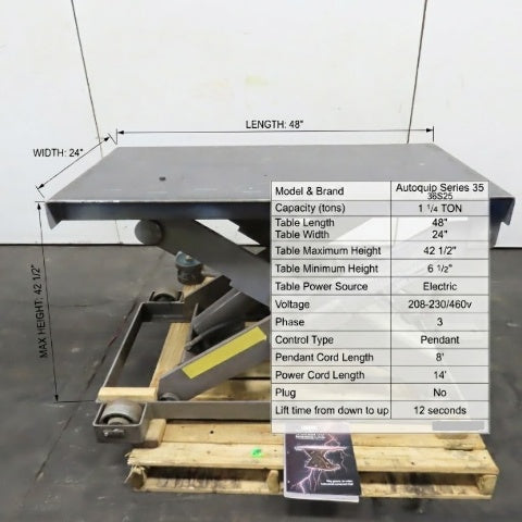 Autoquip 36S25 2500Lbs. 48"x24" Scissor Lift Table 6.5-42.5" Lift 230/460V 3Ph