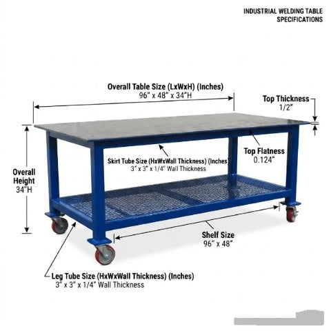 NEW 96"x 48"x 34"H - 1/2" Top Steel Top Rolling Work Bench Welding Table W/Shelf