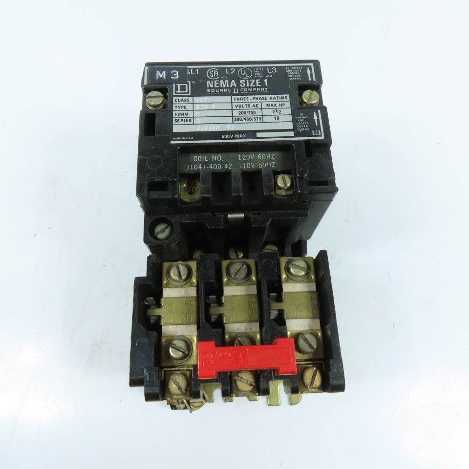 Square D 8536SCO3 NEMA Size 1 3-Pole Magnetic Motor Starter 600V