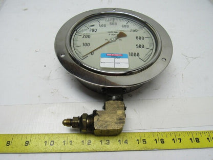 6" Flanged Mount Liquid Filled Pressure Gauge 0-1000 Psi 1/2" npt Bottom