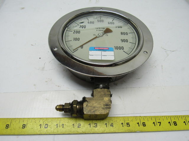 6" Flanged Mount Liquid Filled Pressure Gauge 0-1000 Psi 1/2" npt Bottom