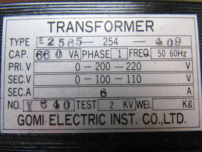 Gomi Electric E2565-254-409 Transformer 200/220P 100/110V Sec 1Ph. 2 KV