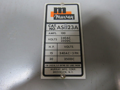 Murray AS323A 100A 2 Pole Fusible Safety Switch 240V/15hp   250VDC/20hp