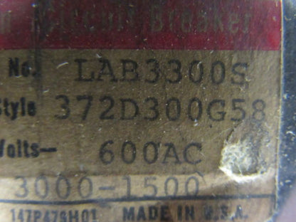 Westinghouse LAB3300S Style 372D300G58 300A 600V Circuit Breaker