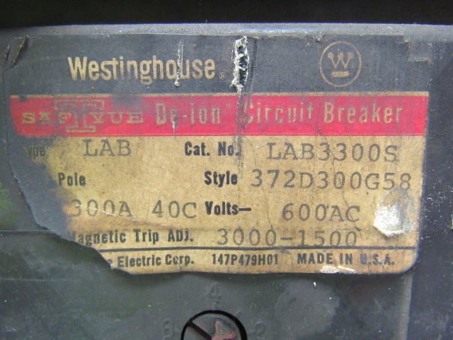 Westinghouse LAB3300S Style 372D300G58 300A 600V Circuit Breaker