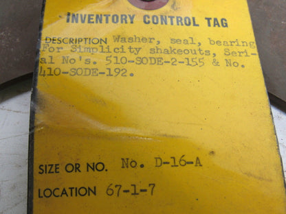 Simplicity D-16-A Shakeout bearing seal washer 6-5/8" ID X 11-1/4" OD
