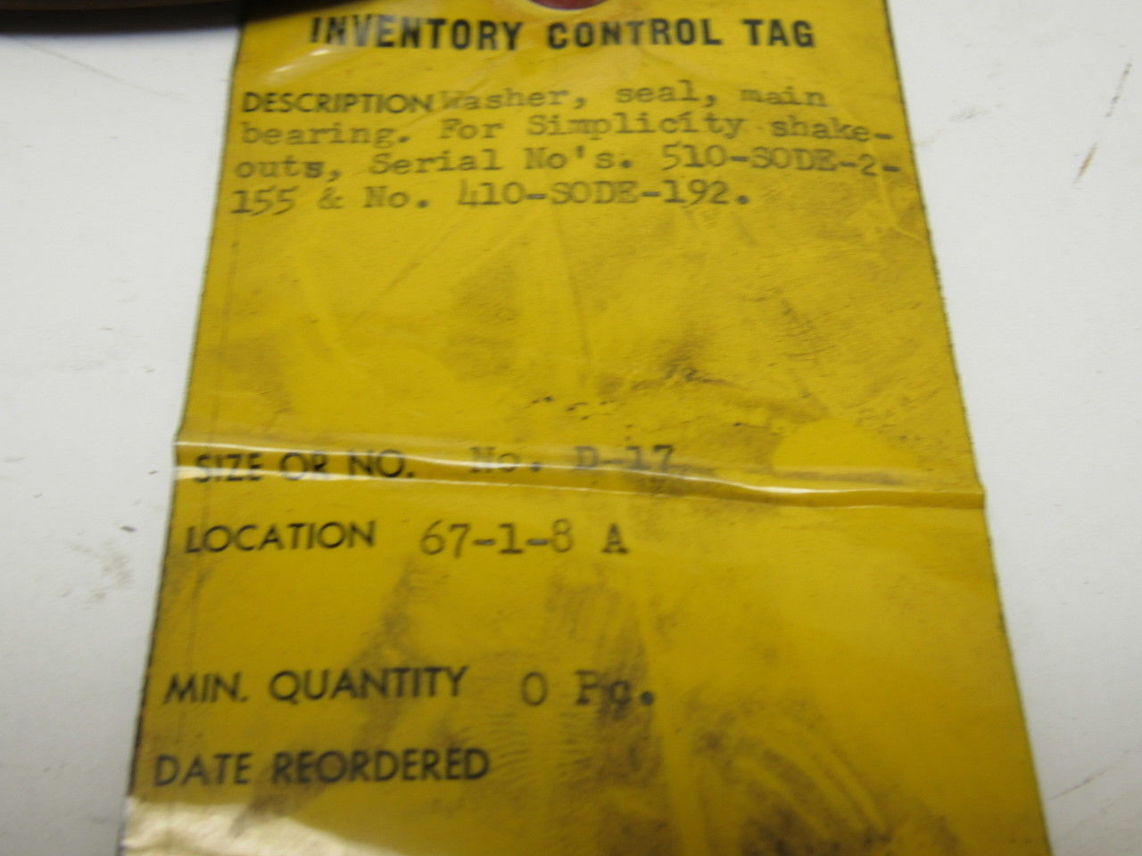 Simplicity D-17 Shakeout Main Bearing Seal Washer 4-7/8" ID X 10" OD