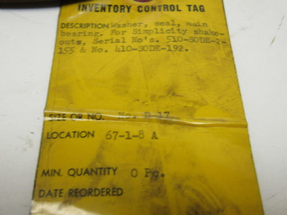 Simplicity D-17 Shakeout Main Bearing Seal Washer 4-7/8" ID X 10" OD