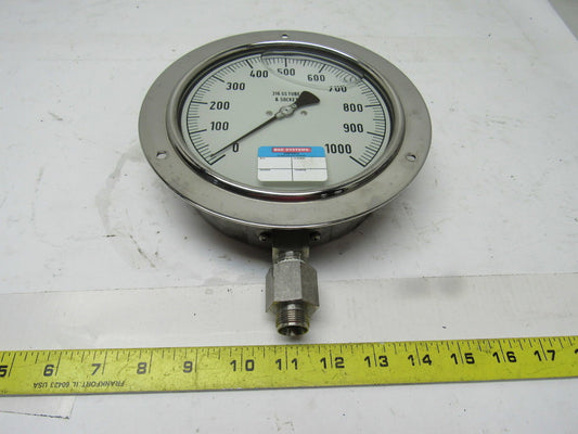 Noshok 6" Flanged Mount Liquid Filled Pressure Gauge 0-1000 Psi 1/2" Npt Bottom