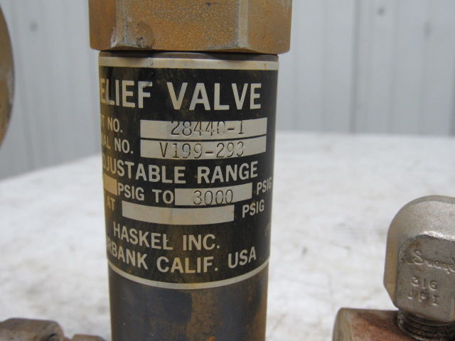 Haskel 28440-1 Adjustable Relief Valve 300-3000PSI W/20" X 1.5" Plenum Chamber