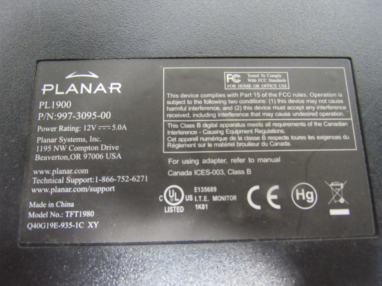 Planar PL1900-BK CNC Machining Center Monitor W/Mounting Frame For Weeke BP-140