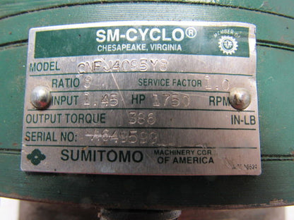 Sumitomo SM-Cyclo CNFJ-4095Y8 Inline Gear Reducer 8:1 Ratio 1.45 Hp