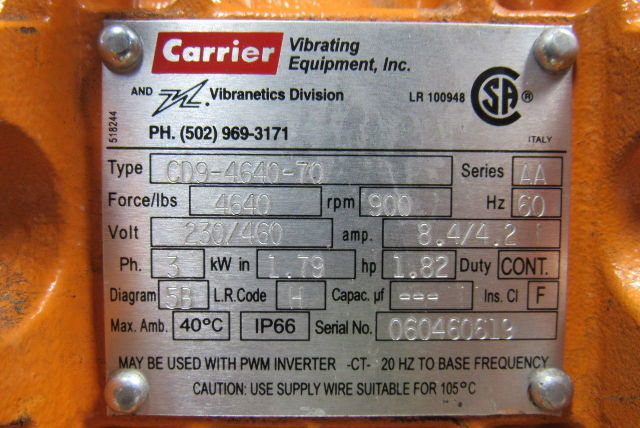CARRIER CD9-4640-70 1.82 HP Vibratory Shaker Motor 4640 Force/Lbs. 230/460V
