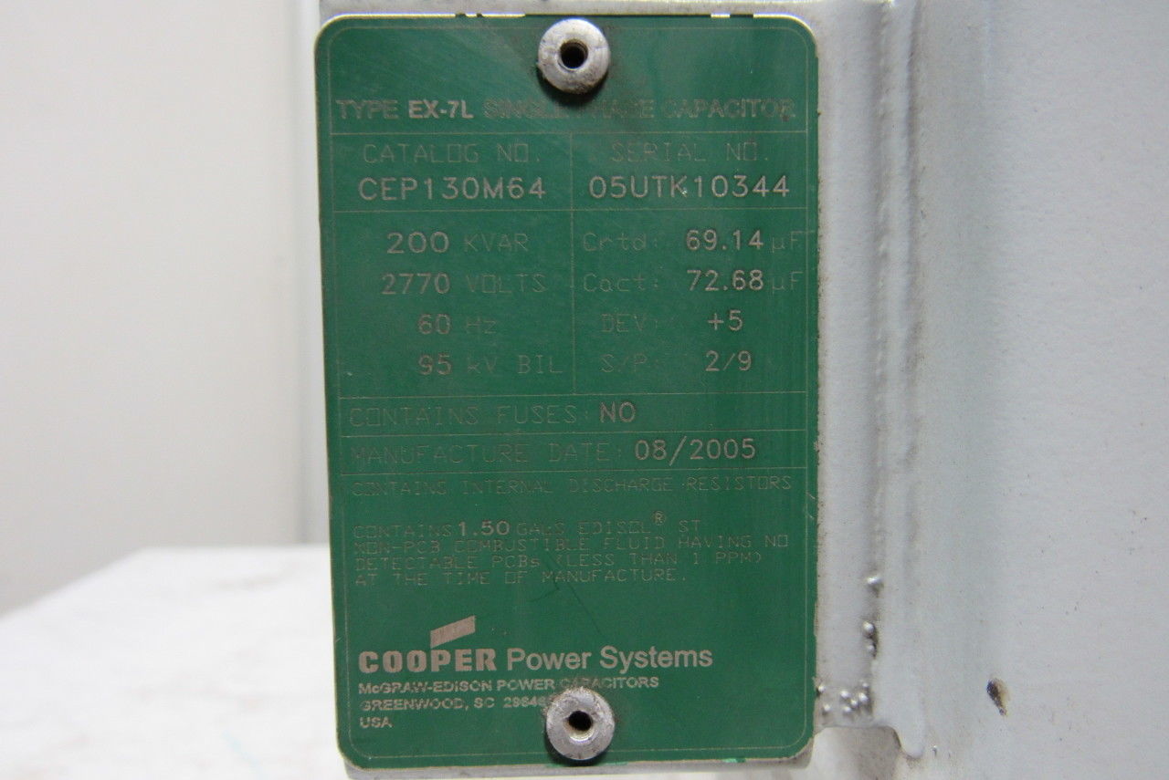 Cooper Power Systems CEP130M64 Type EX-7L Single Phase Power Capacitor 200KVAR
